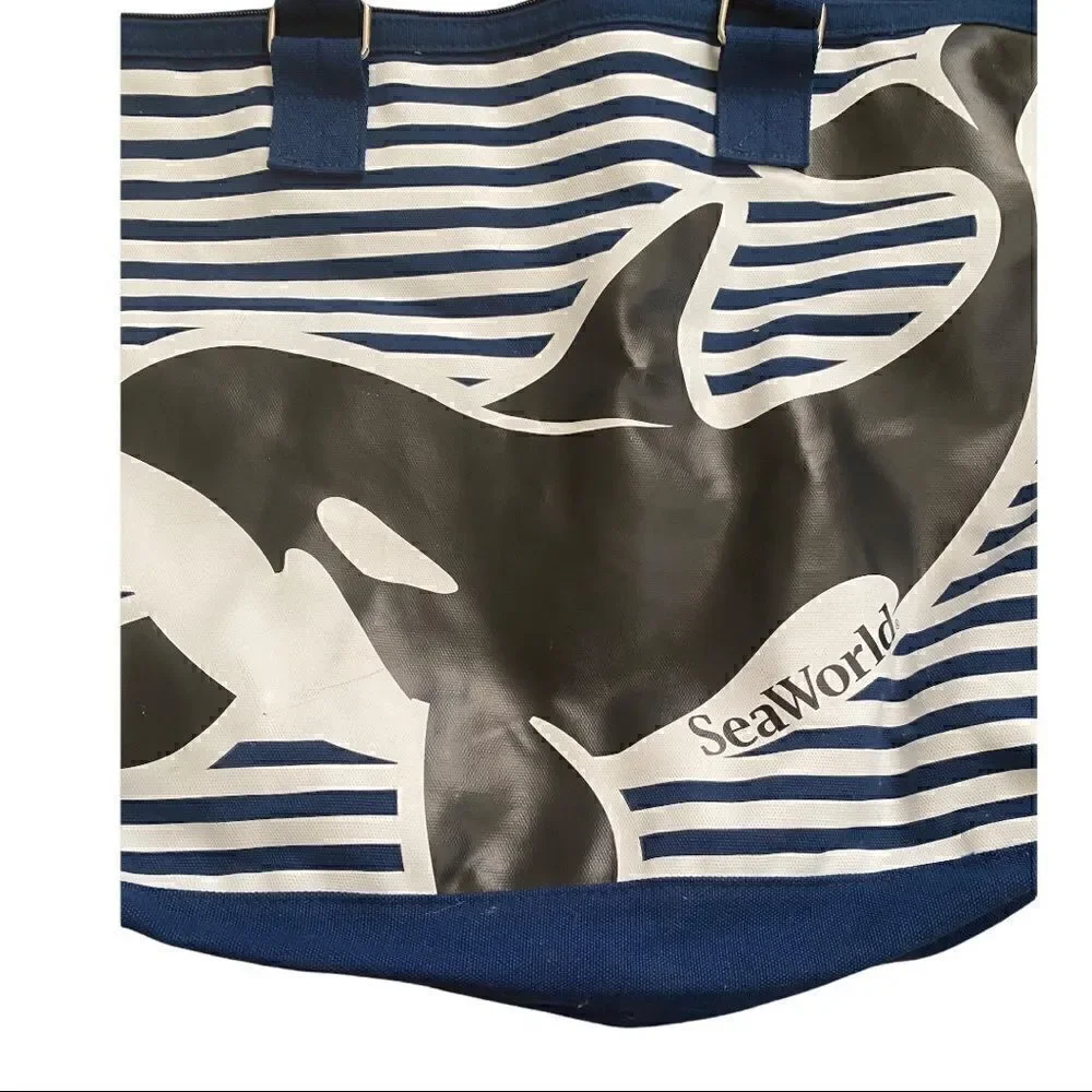 Sea World Duffle Tote Bag Navy Blue White Striped Shamoo